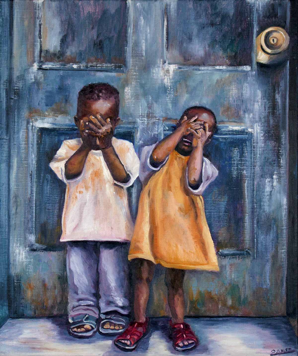 Peinture à l'huile sur toile de lin d'Isa Faure, scène de la vie africaine -05