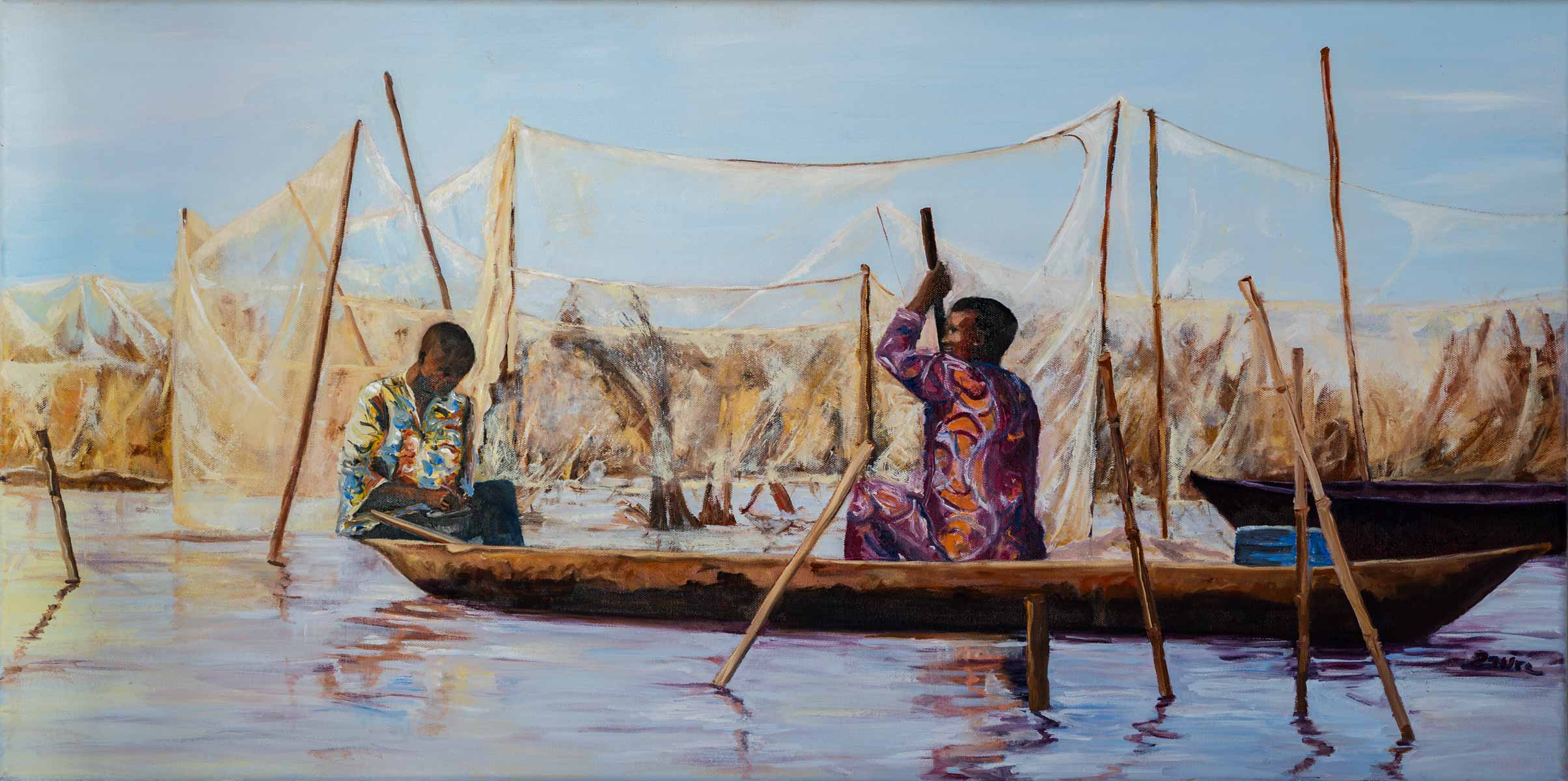Peinture à l'huile sur toile de lin d'Isa Faure, scène de la vie africaine -08