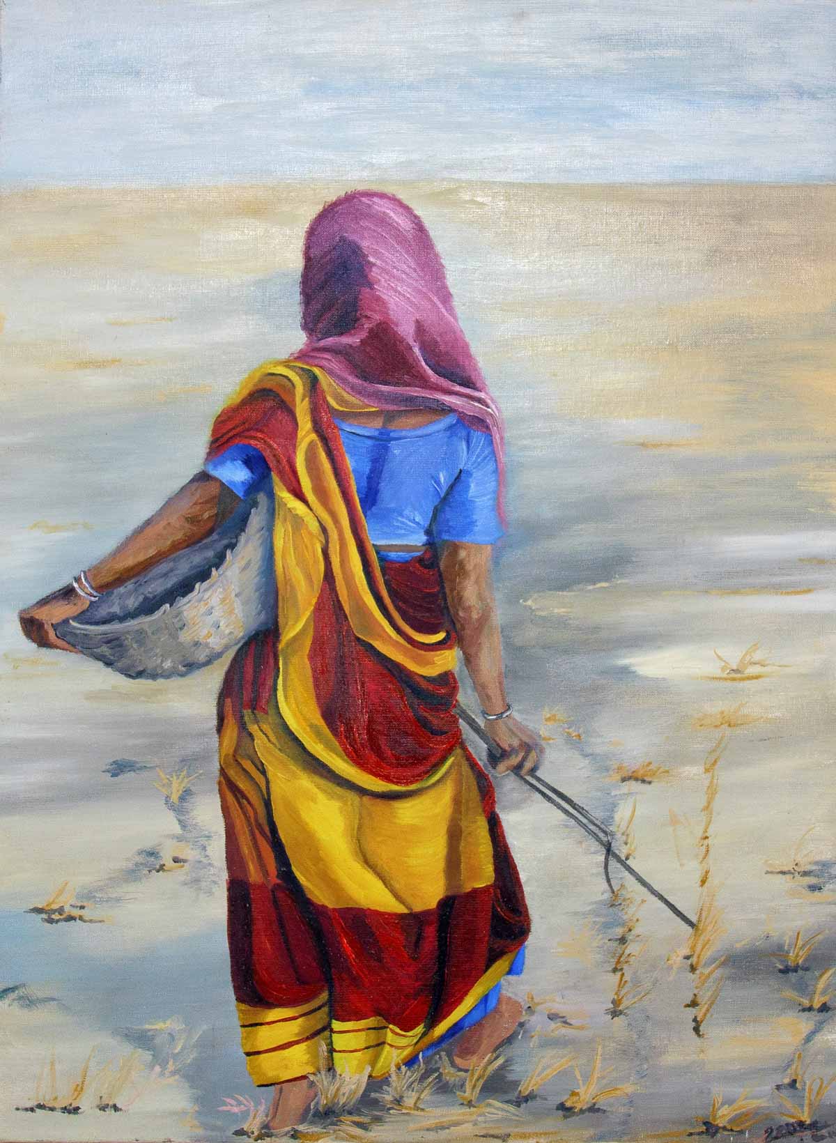Peinture à l'huile sur toile de lin d'Isa Faure, scène de la vie africaine -09