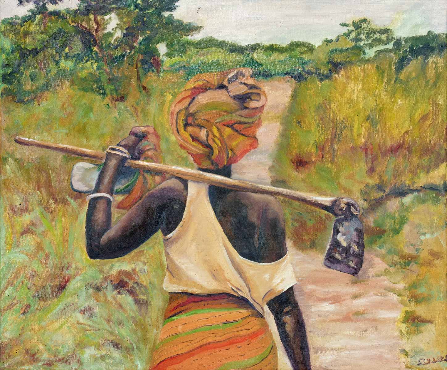 Peinture à l'huile sur toile de lin d'Isa Faure, scène de la vie africaine -12