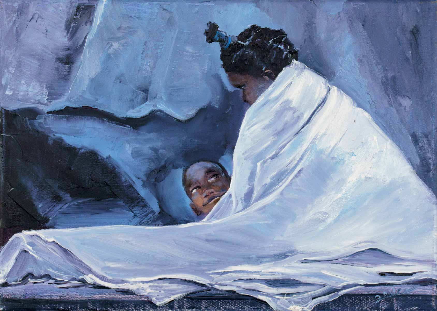 Peinture à l'huile sur toile de lin d'Isa Faure, scène de la vie africaine -22