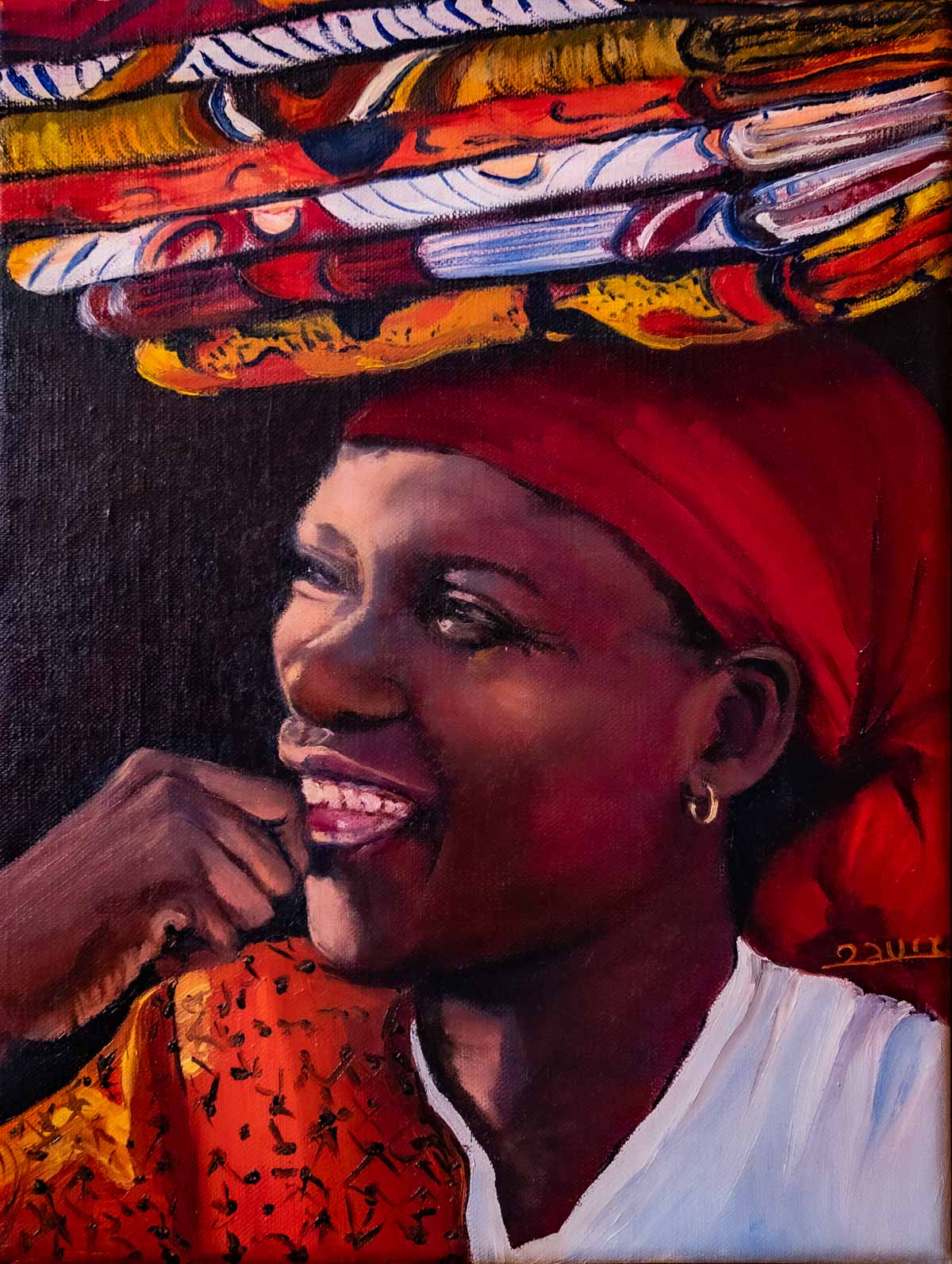 Peinture à l'huile sur toile de lin d'Isa Faure, scène de la vie africaine -33