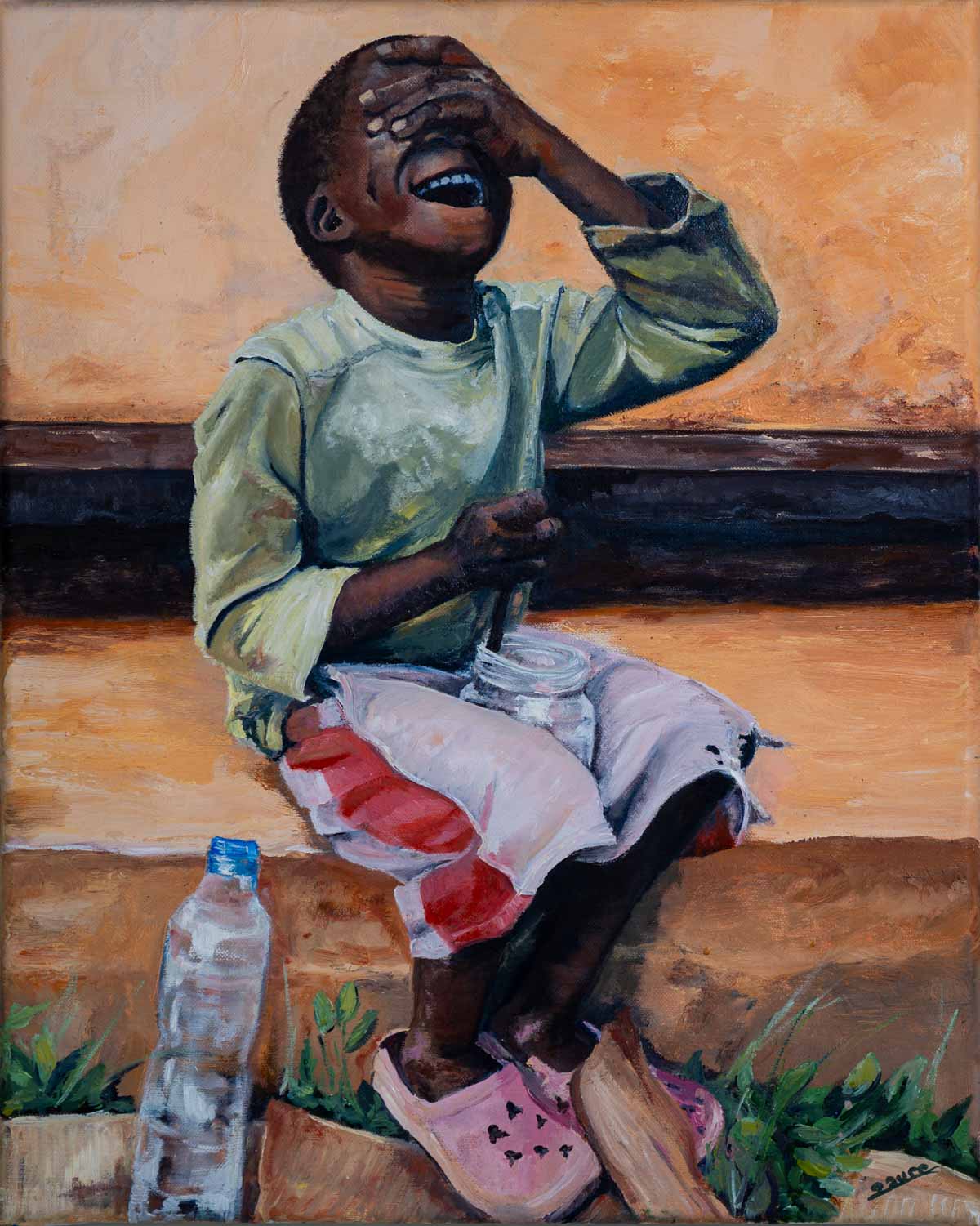 Peinture à l'huile sur toile de lin d'Isa Faure, scène de la vie africaine -35