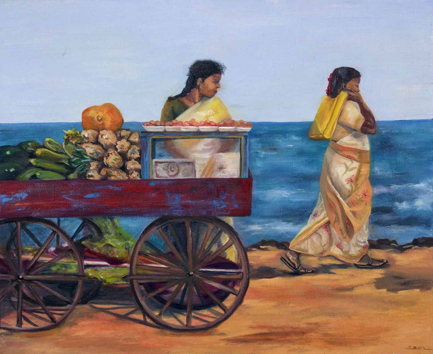 Peinture à l'huile sur toile de lin d'Isa Faure, scène de la vie africaine -38