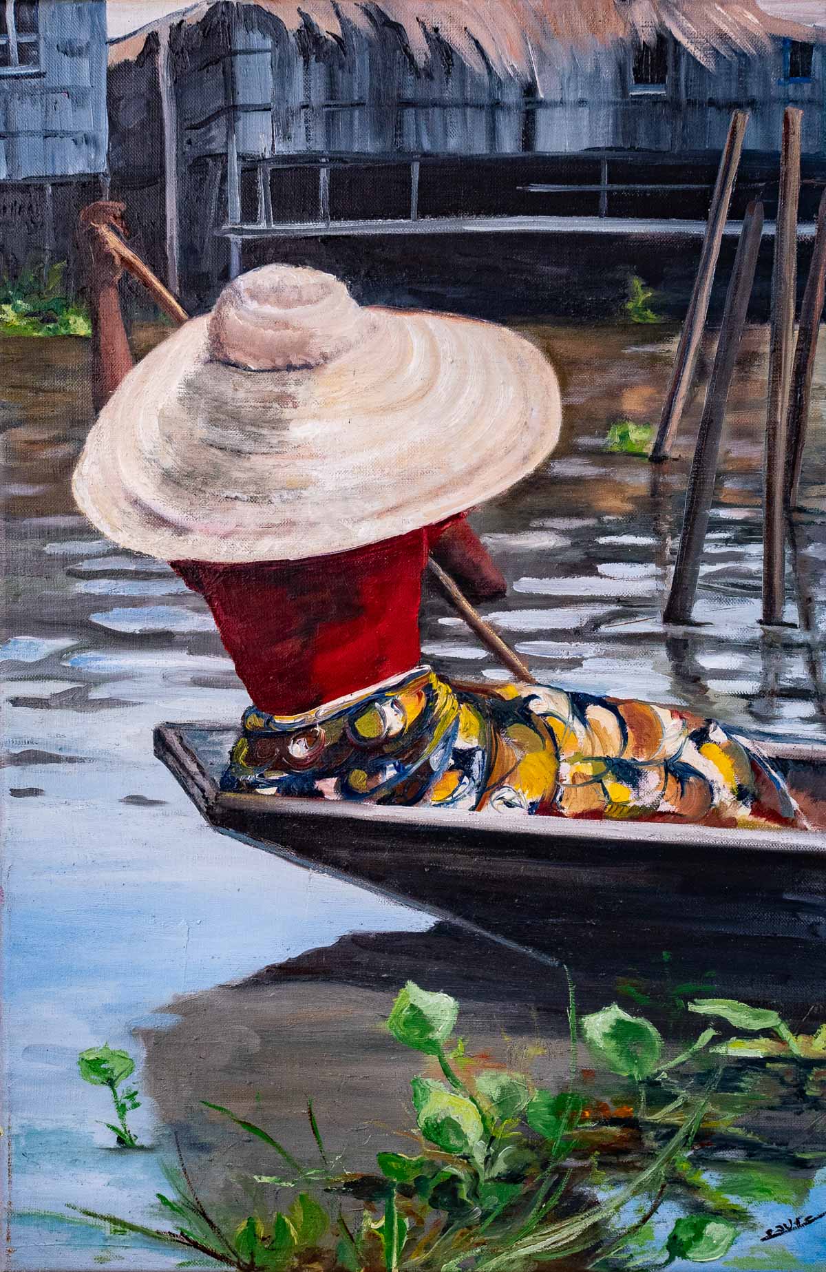 Peinture à l'huile sur toile de lin d'Isa Faure, scène de la vie africaine -39