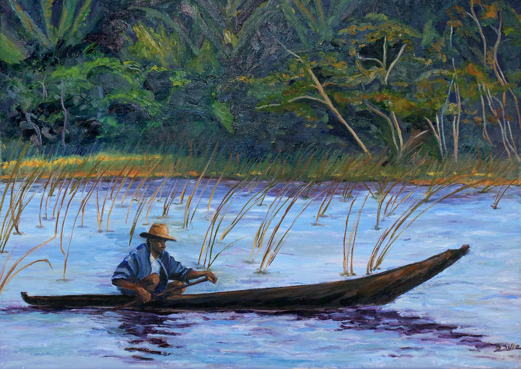 Peinture à l'huile sur toile de lin d'Isa Faure, scène de la vie africaine -40