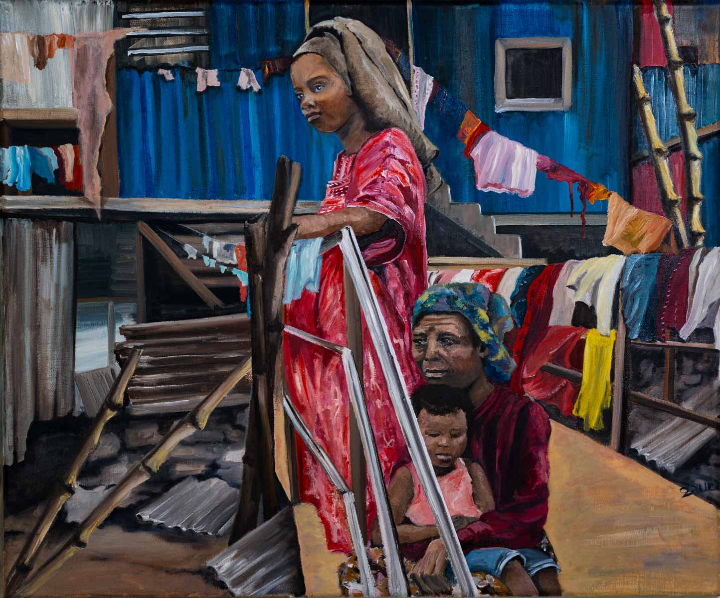 Peinture à l'huile sur toile de lin d'Isa Faure, scène de la vie africaine -44
