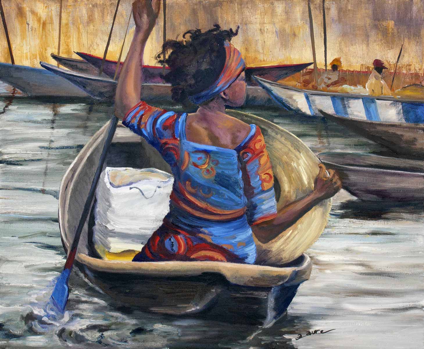Peinture à l'huile sur toile de lin d'Isa Faure, scène de la vie africaine -46