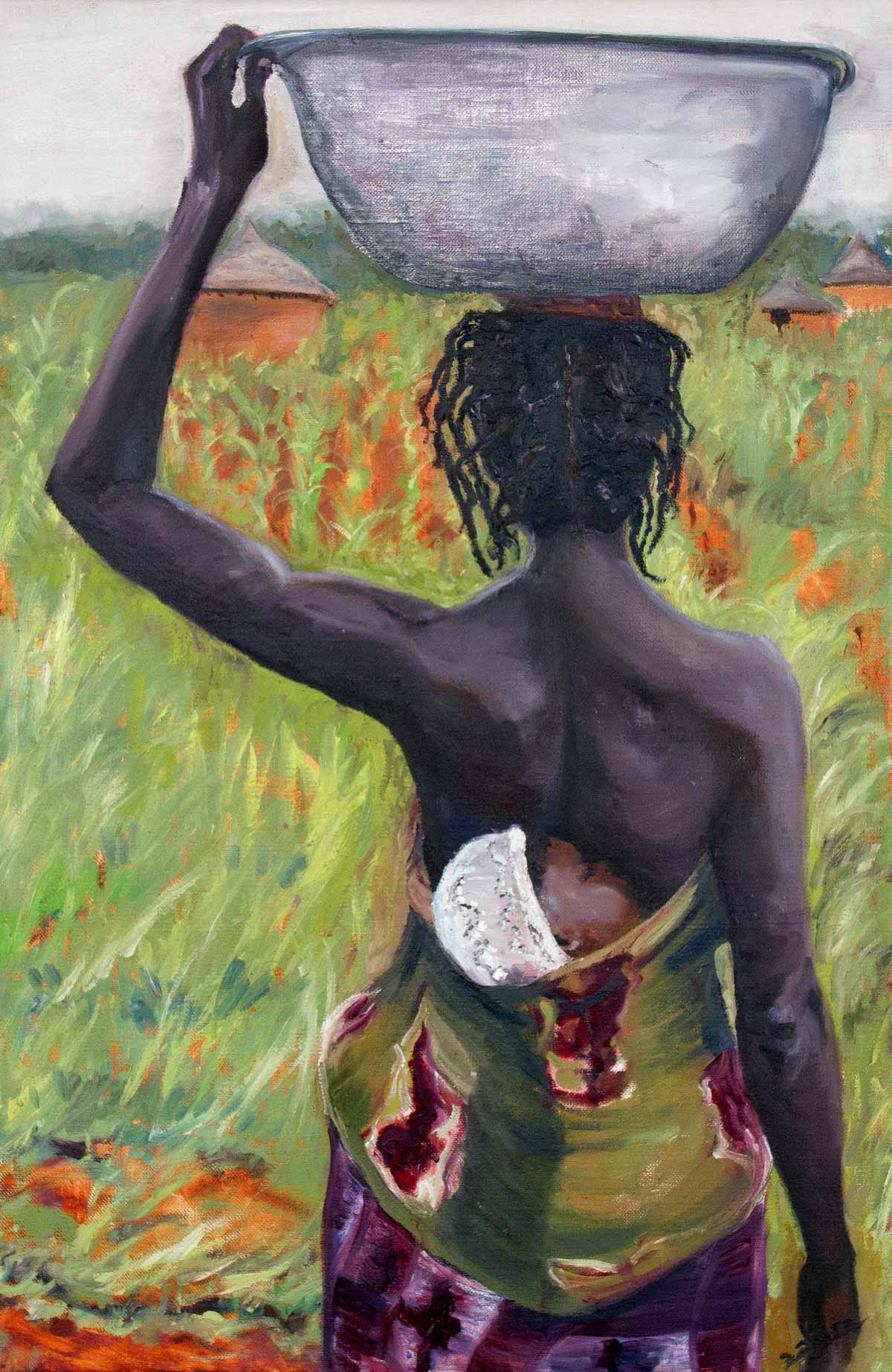 Peinture à l'huile sur toile de lin d'Isa Faure, scène de la vie africaine -52