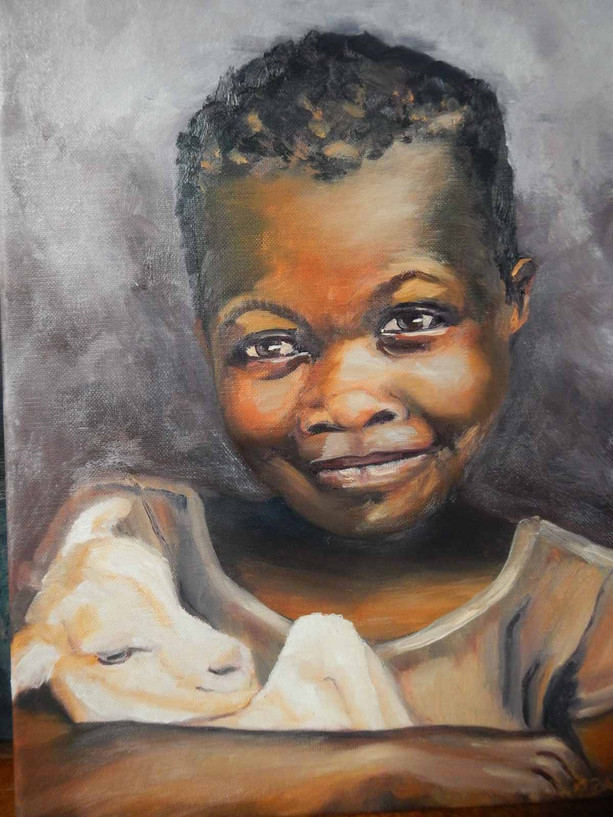 Peinture à l'huile sur toile de lin d'Isa Faure, scène de la vie africaine -57