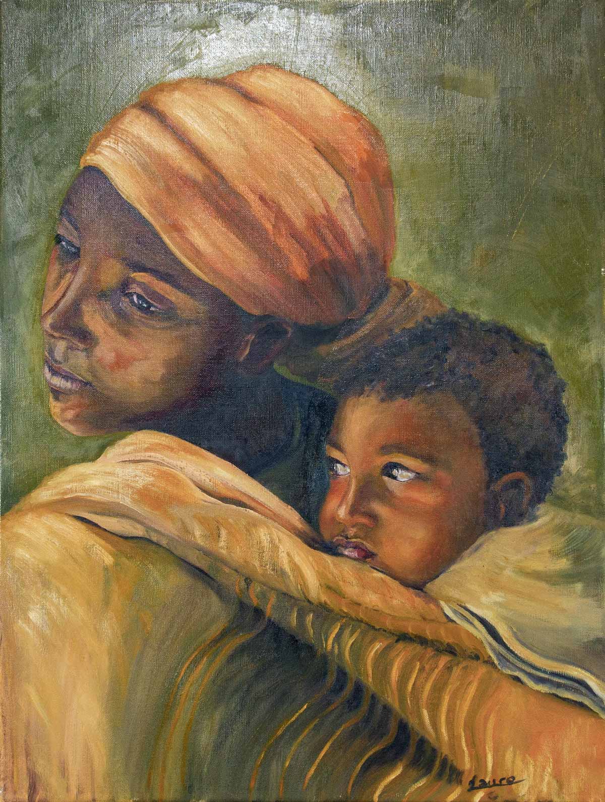 Peinture à l'huile sur toile de lin d'Isa Faure, scène de la vie africaine -58