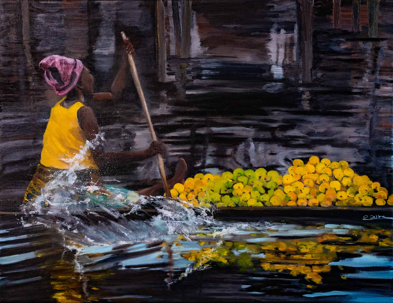Peinture à l'huile sur toile de lin d'Isa Faure, scène de la vie africaine -60