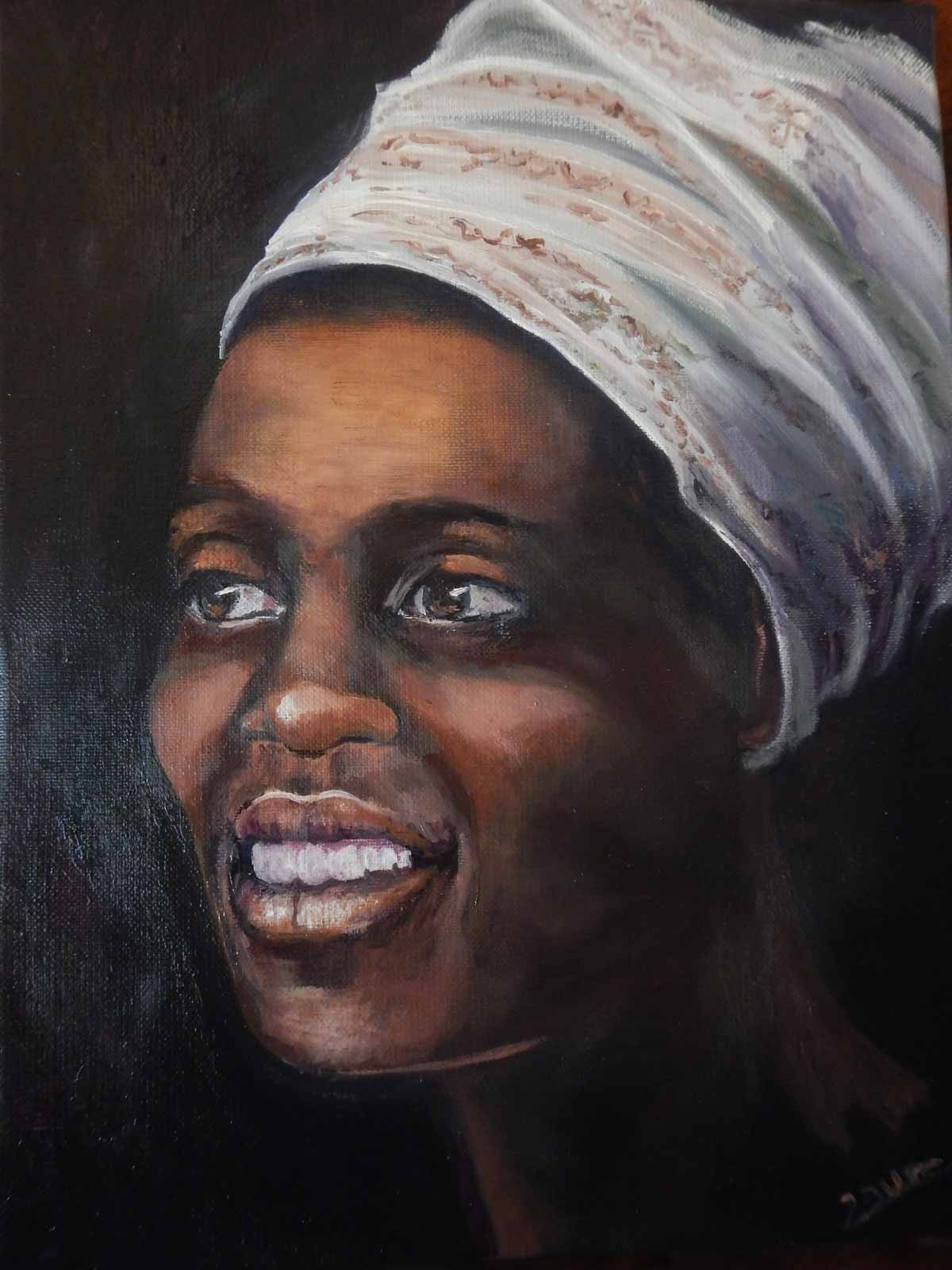 Peinture à l'huile sur toile de lin d'Isa Faure, scène de la vie africaine -63