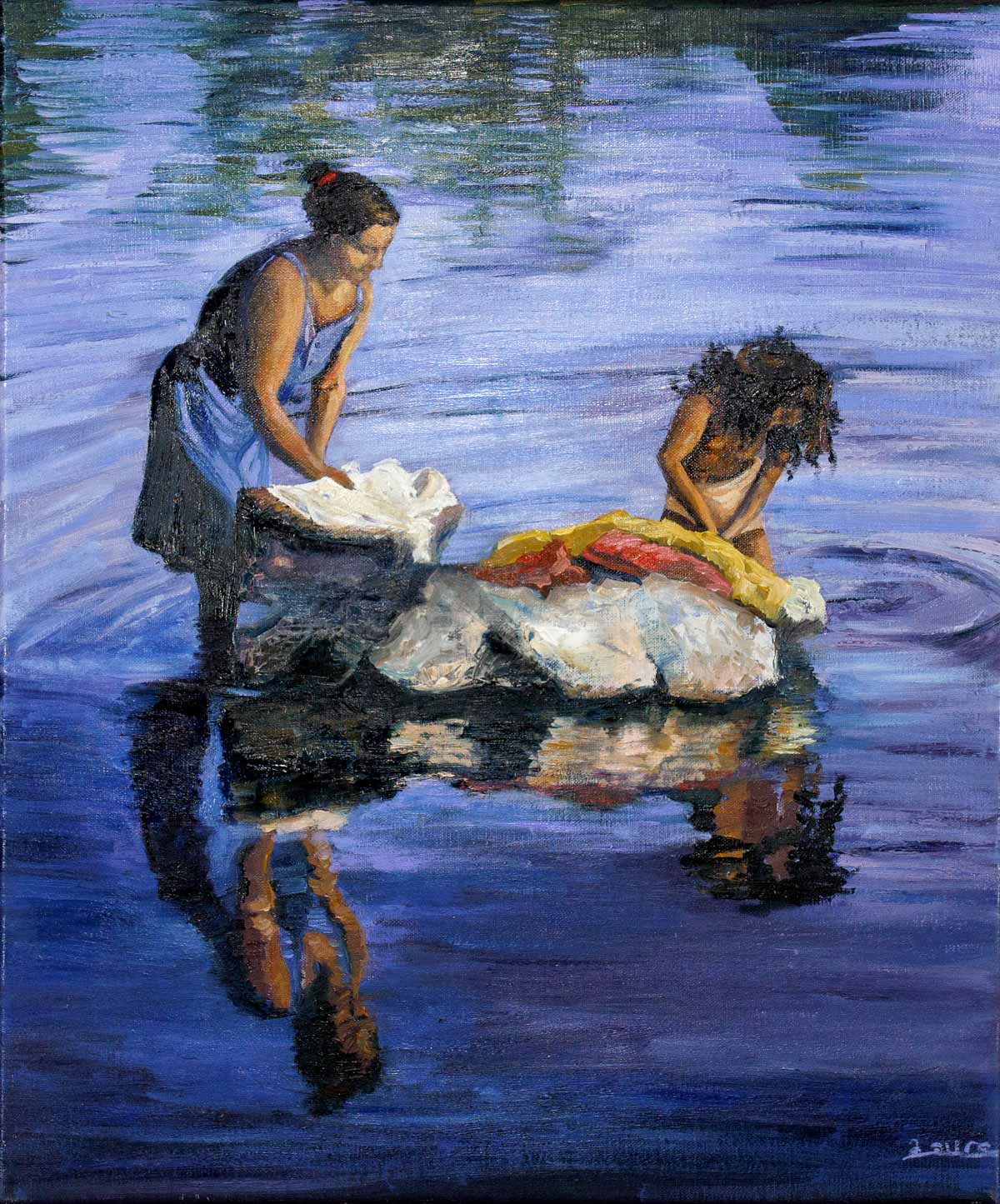 Peinture à l'huile sur toile de lin d'Isa Faure, scène de la vie africaine -67