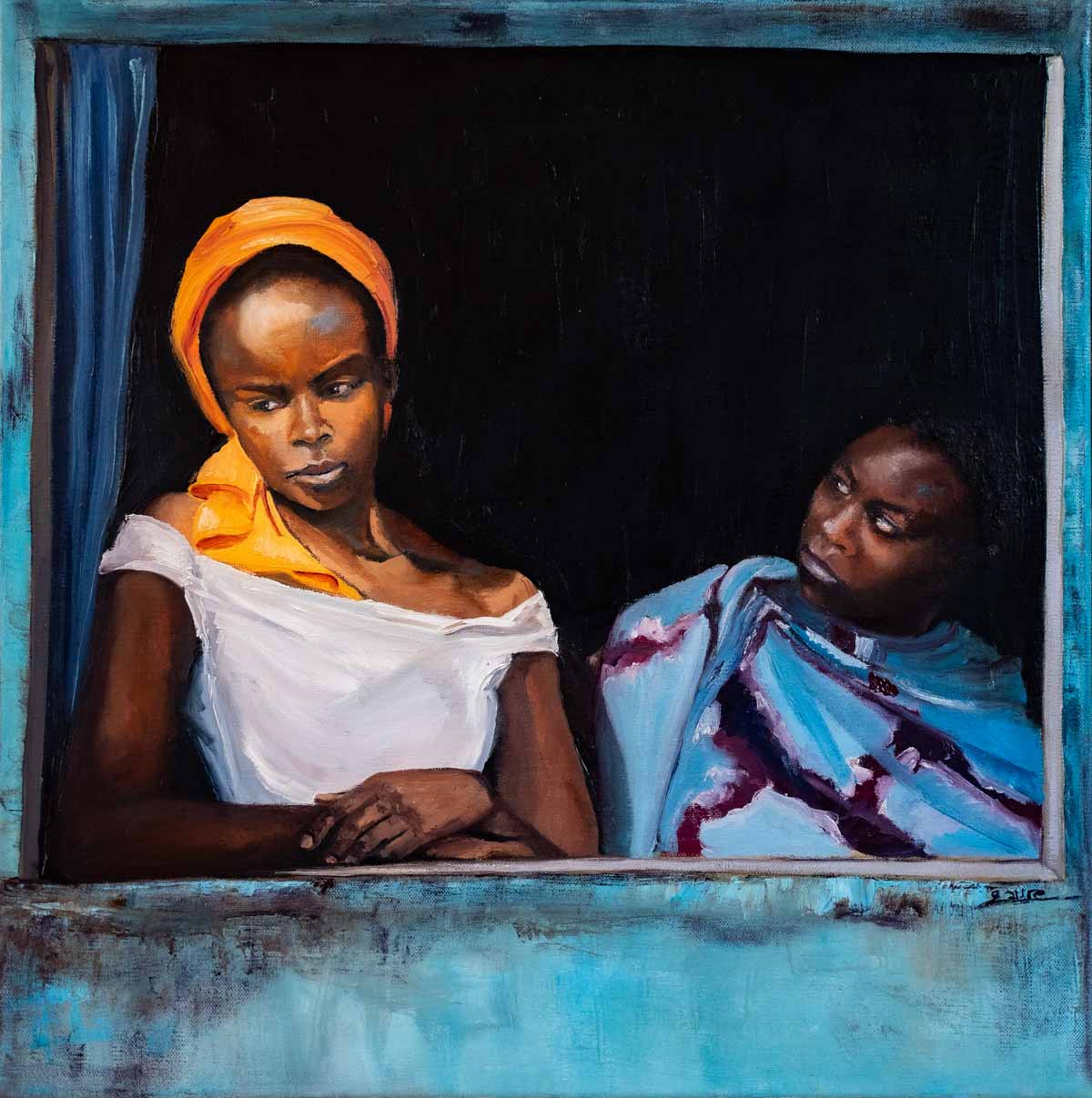 Peinture à l'huile sur toile de lin d'Isa Faure, scène de la vie africaine -77