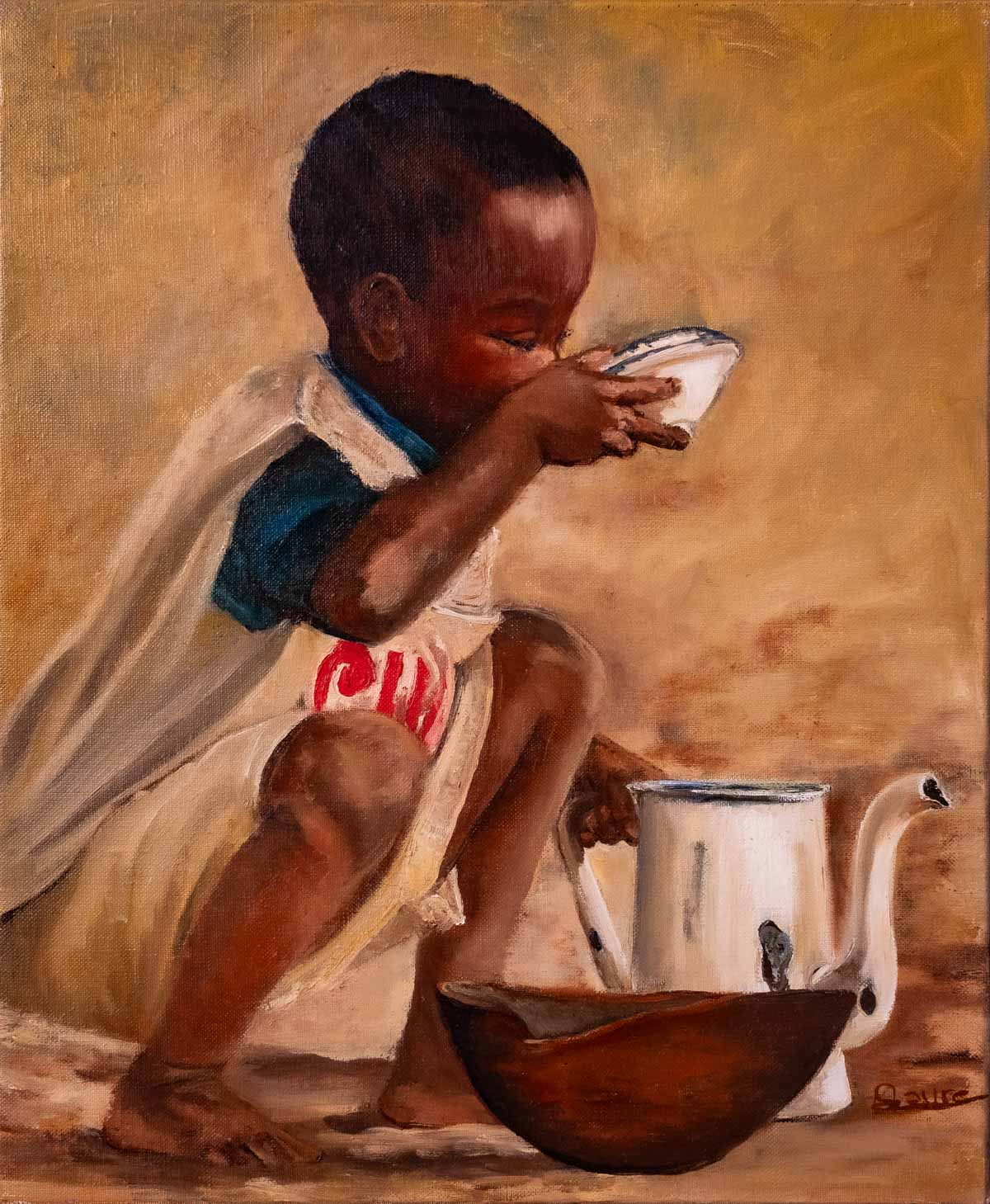 Peinture à l'huile sur toile de lin d'Isa Faure, scène de la vie africaine -78