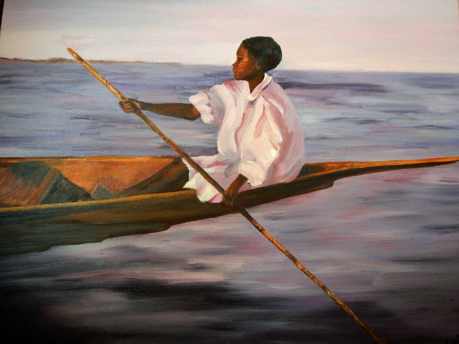 Peinture à l'huile sur toile de lin d'Isa Faure, scène de la vie africaine -79